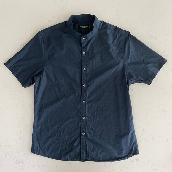 Shanghai Tang Designer SS Button Down Mandarin Collar Cotton Shirt Navy Blue L - Picture 12 of 12